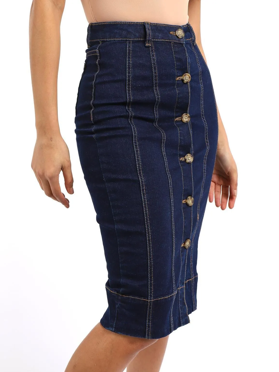 Stretch Denim Button Through Straight Skirt, Indigo, UK Sizes 8 to 14