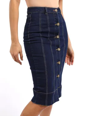 Stretch Denim Button Through Straight Skirt, Indigo, UK Sizes 8 to 14