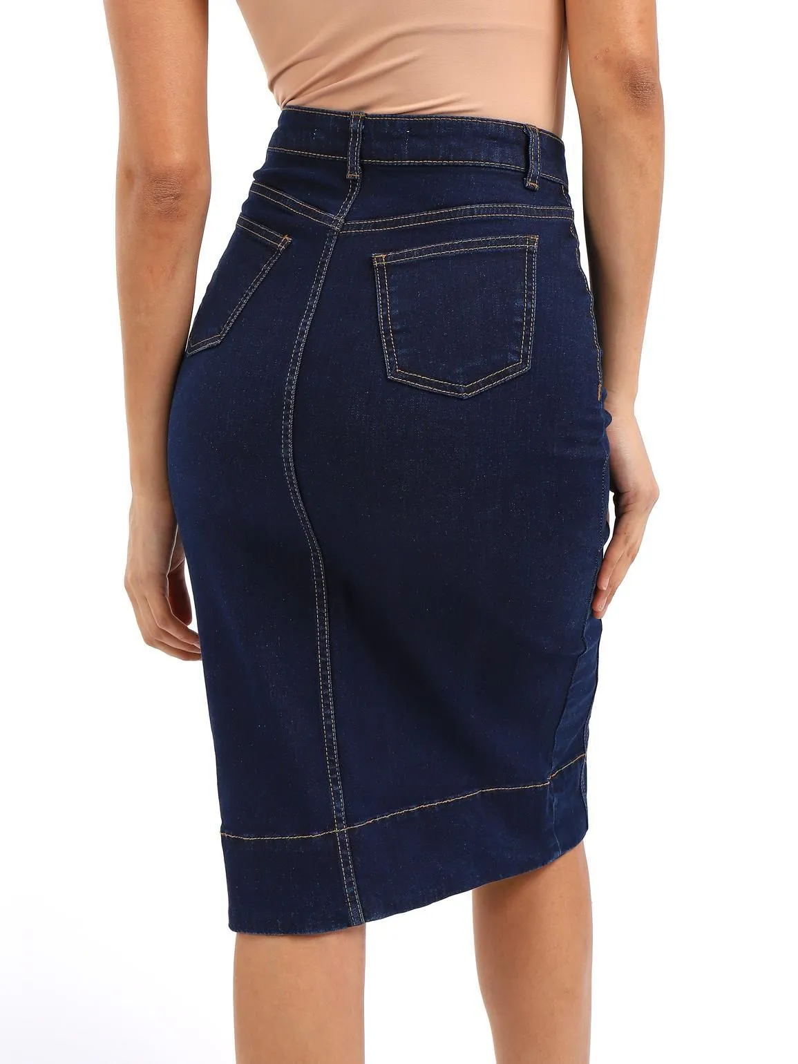 Stretch Denim Button Through Straight Skirt, Indigo, UK Sizes 8 to 14