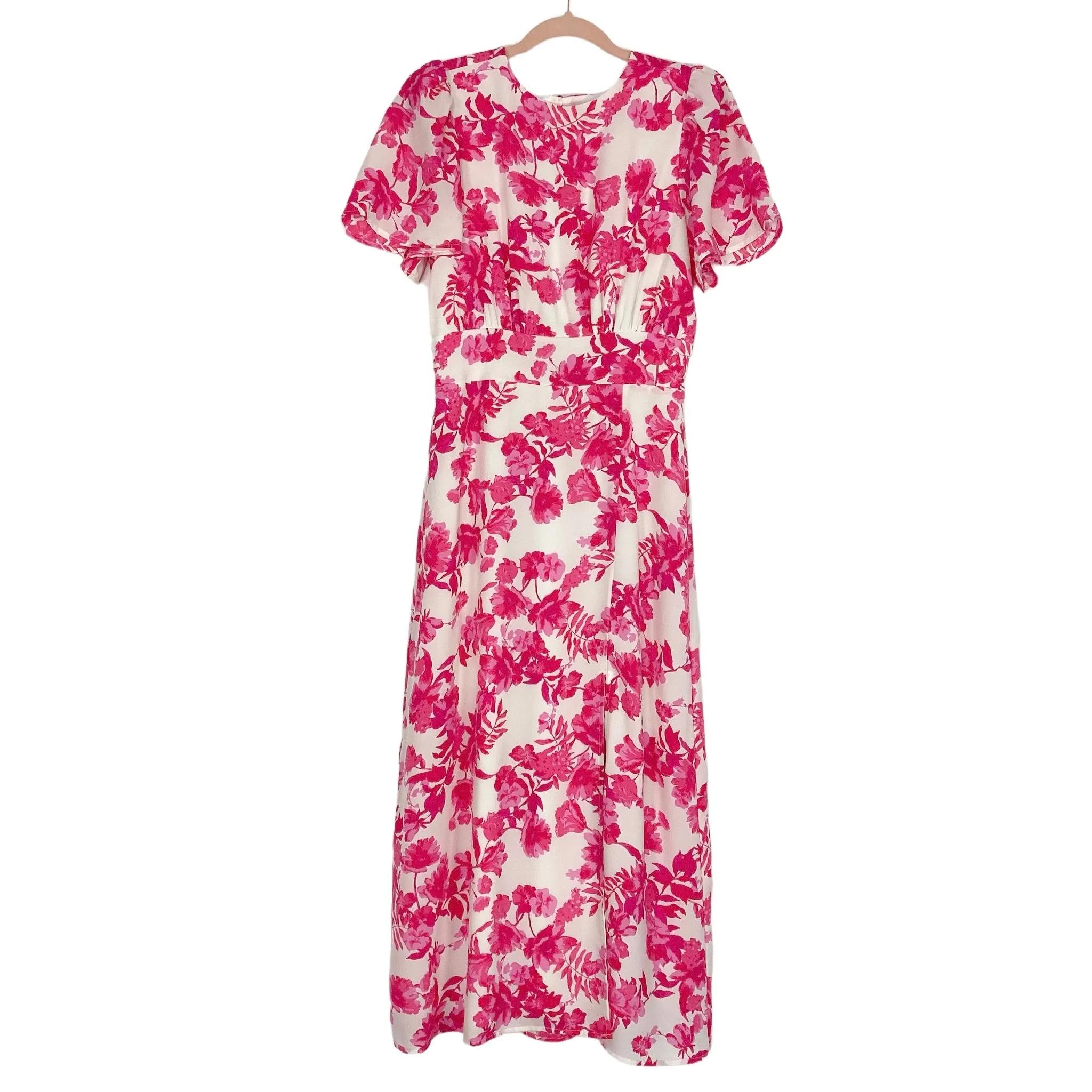 The Impeccable Pig White with Fuschia Floral Print Front Slit Dress- Size S (sold out online)