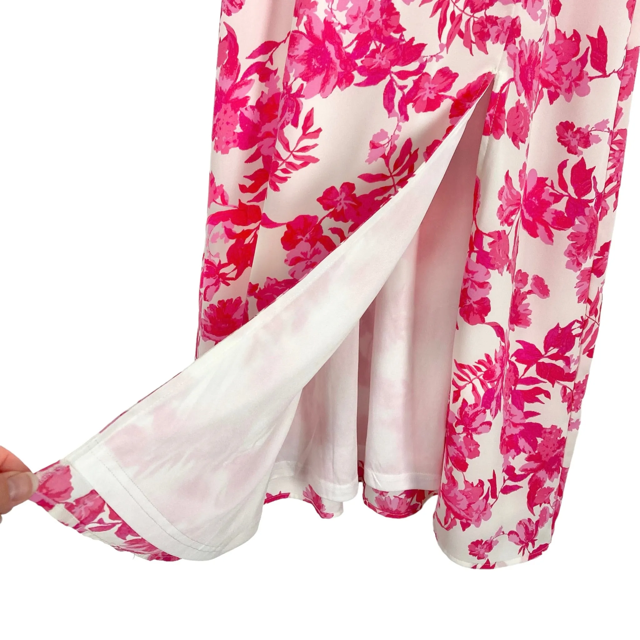 The Impeccable Pig White with Fuschia Floral Print Front Slit Dress- Size S (sold out online)