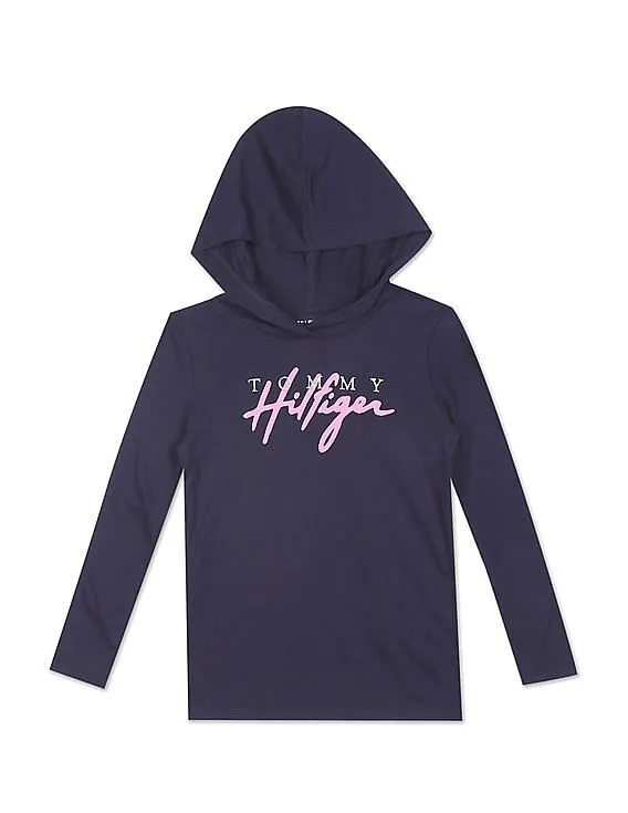 Tommy Hilfiger Kids Girls Blue Long Sleeve Brand Print Hood T-Shirt