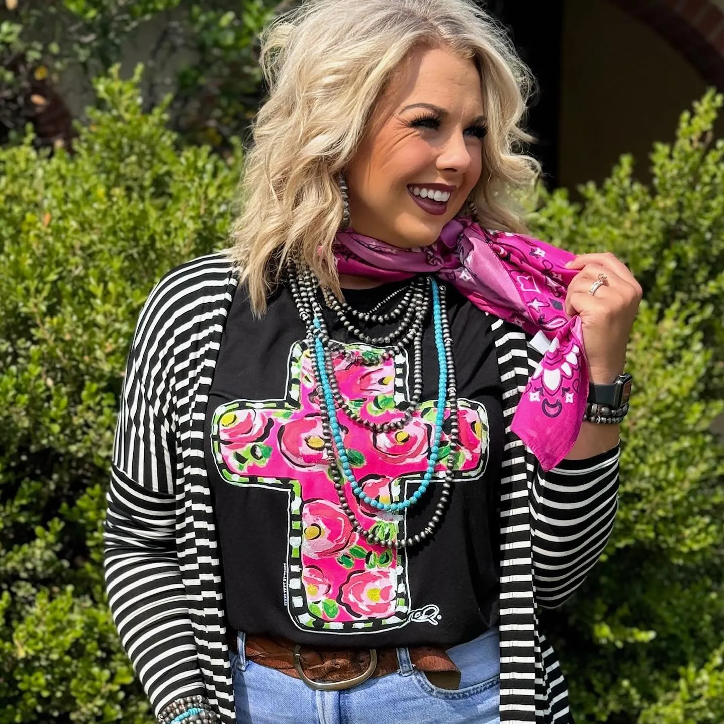 TT Callie Ann Stelter Pink Floral Cross Tee