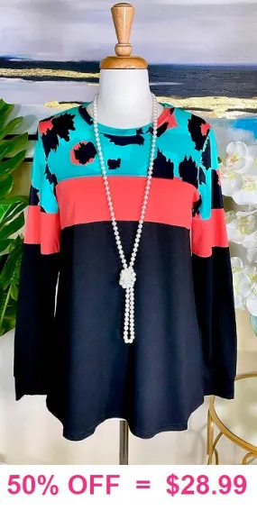 Turquoise Leopard, Coral, Black long sleeve top