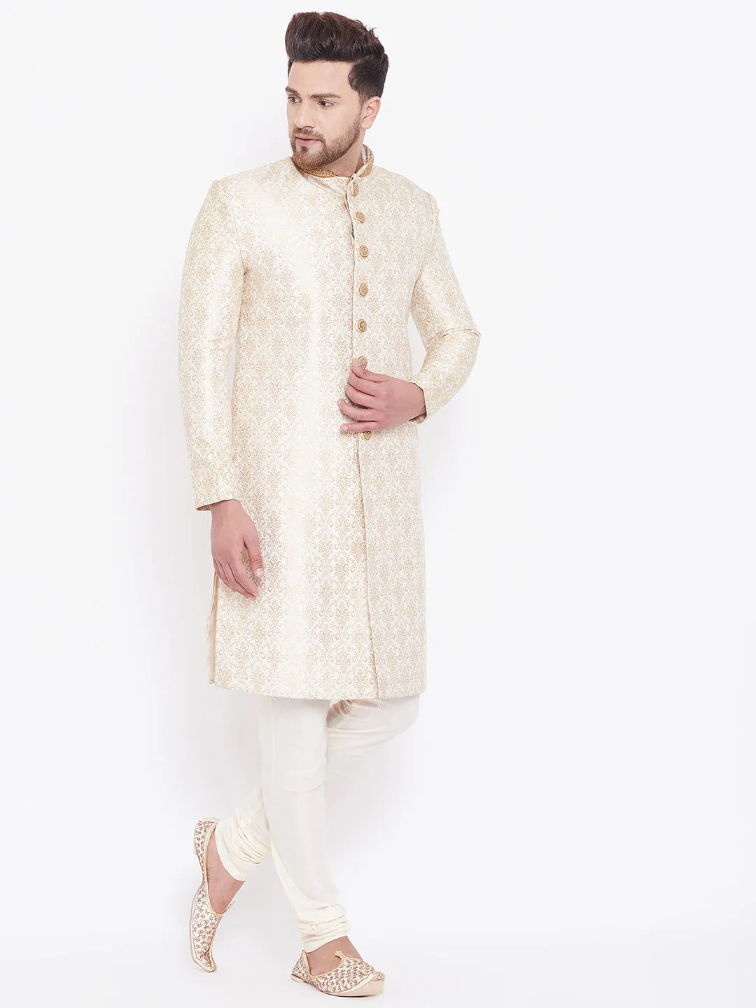 VASTRAMAY Men's Beige And Gold Embroidered Brocade Sherwani Set