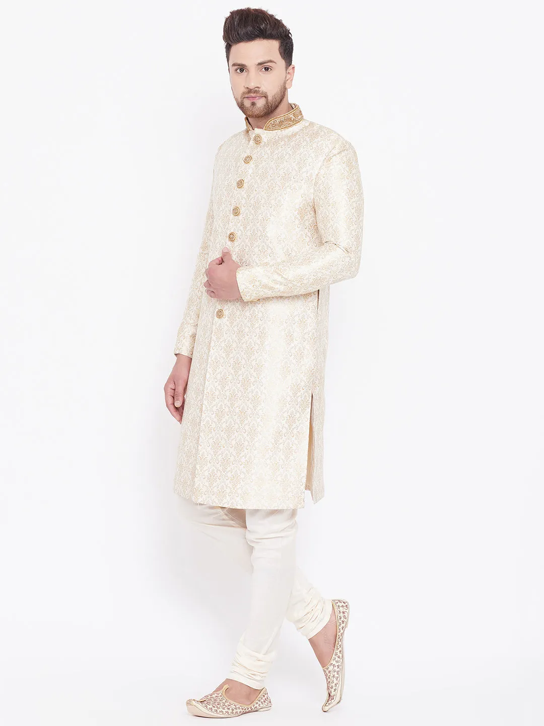 VASTRAMAY Men's Beige And Gold Embroidered Brocade Sherwani Set