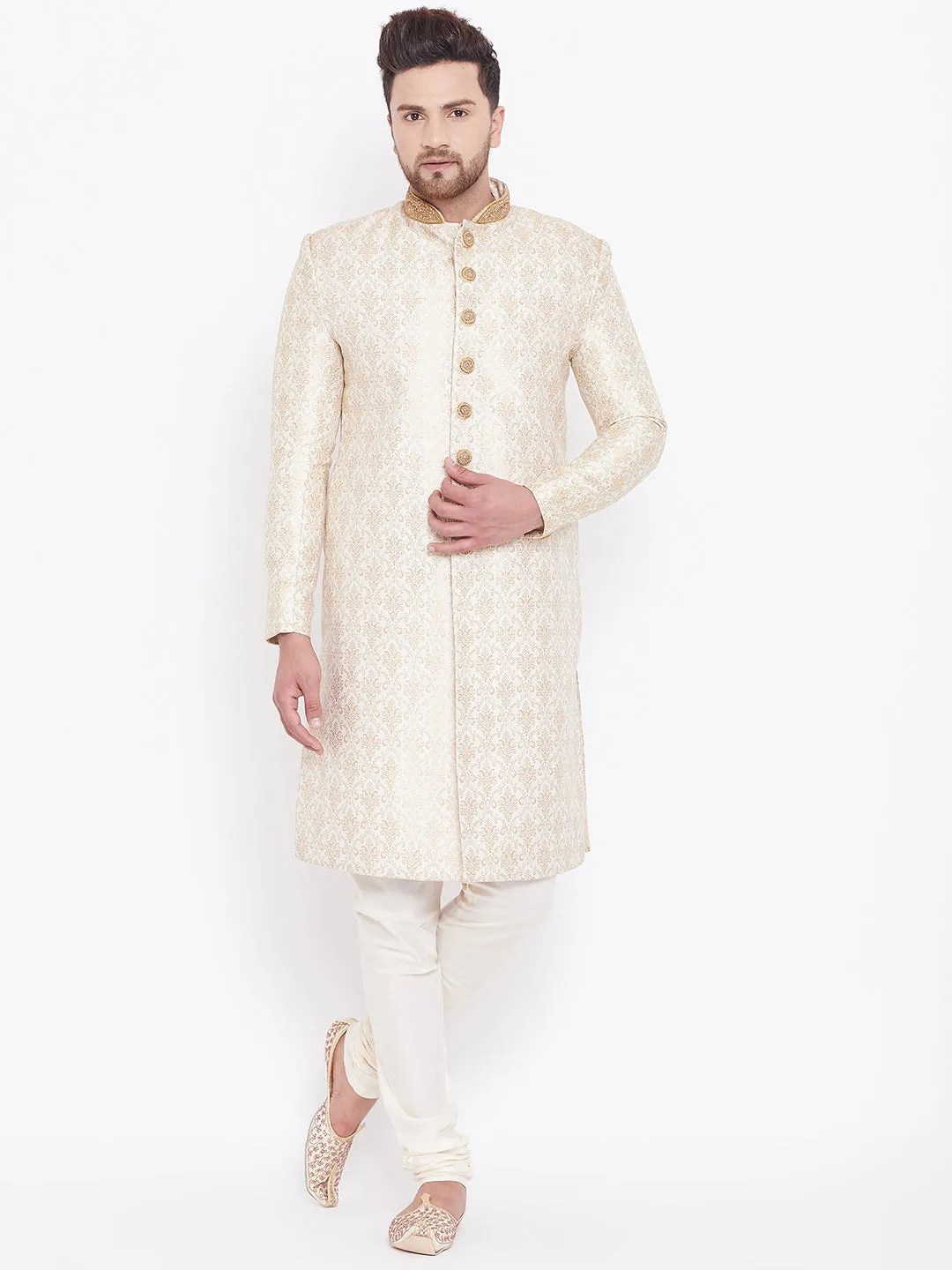 VASTRAMAY Men's Beige And Gold Embroidered Brocade Sherwani Set