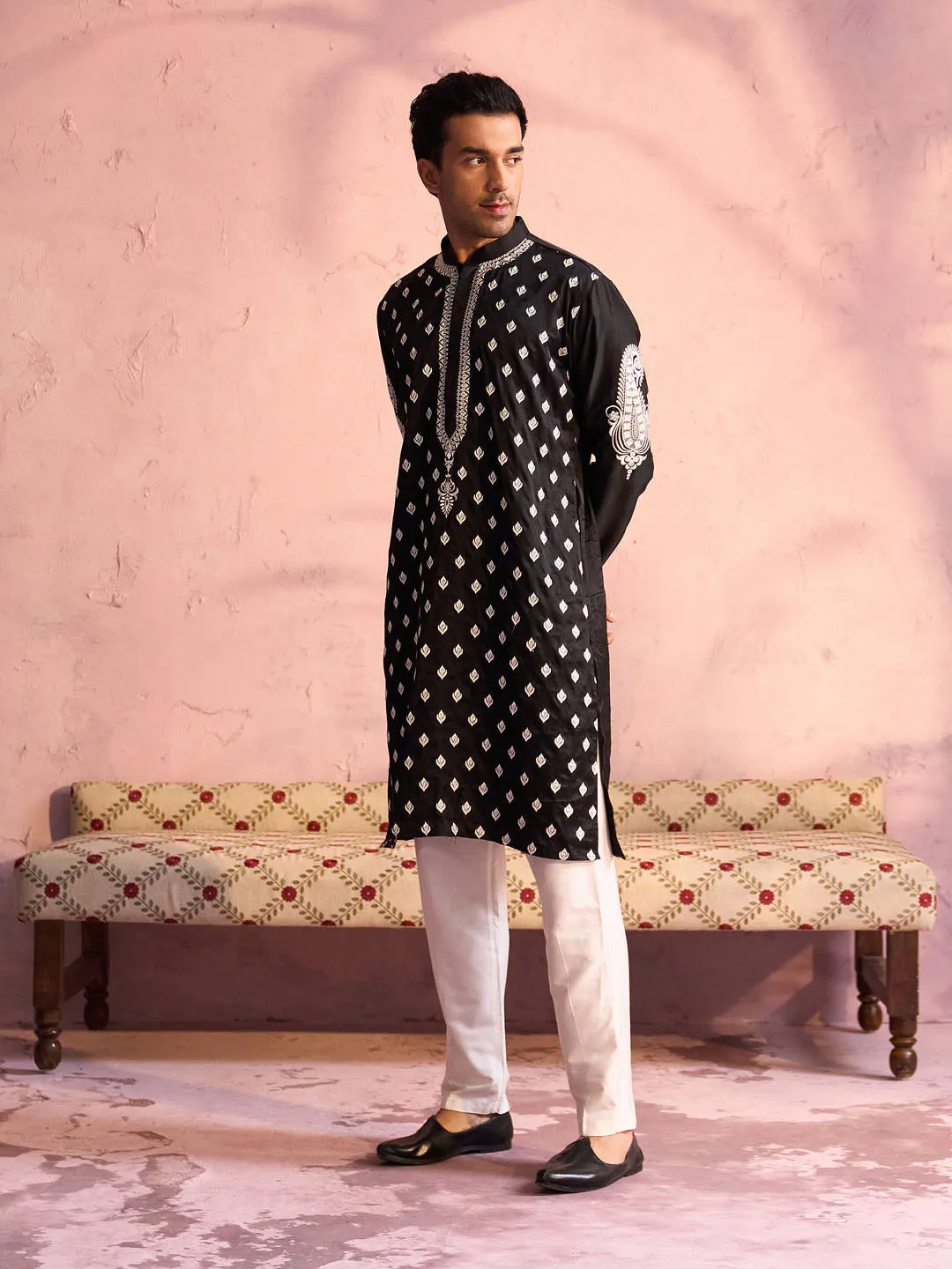 Vastramay Men's Black Silk Embroidered Ethnic Kurta With Pant Set