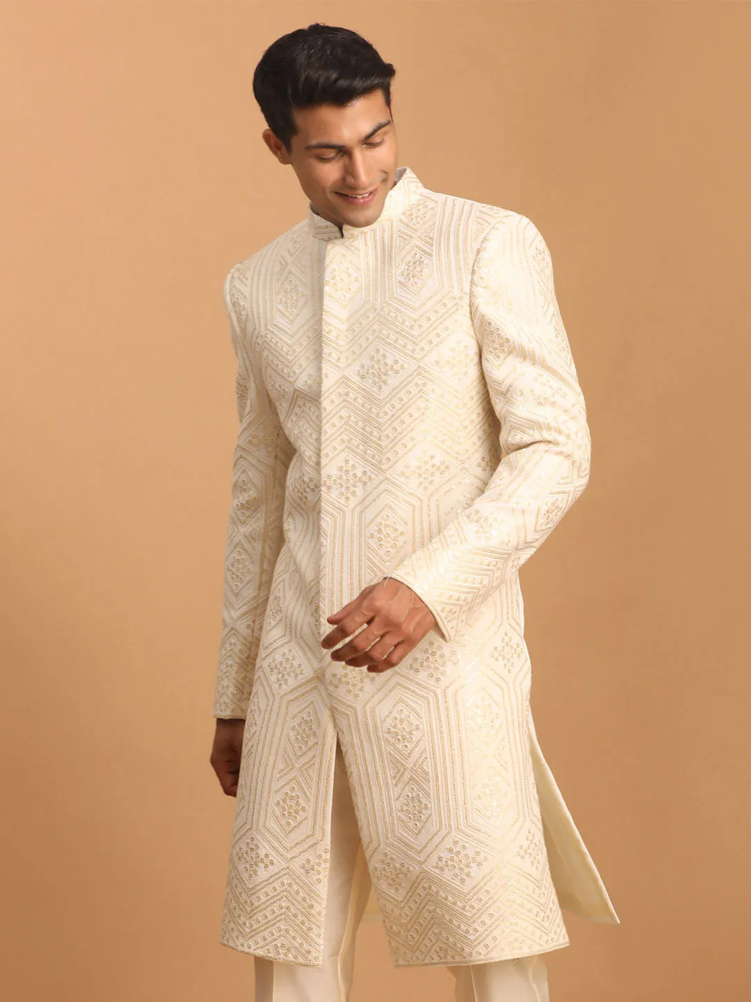 Vastramay Men's Cream Golden Sequins Embroidered Sherwani Only Top