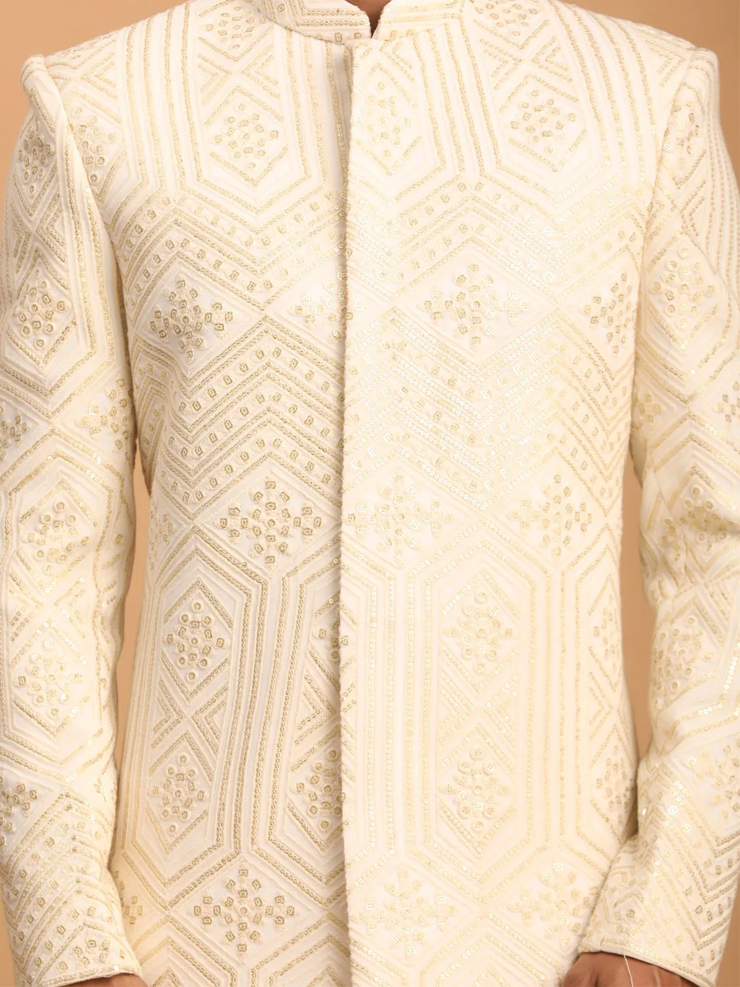 Vastramay Men's Cream Golden Sequins Embroidered Sherwani Only Top