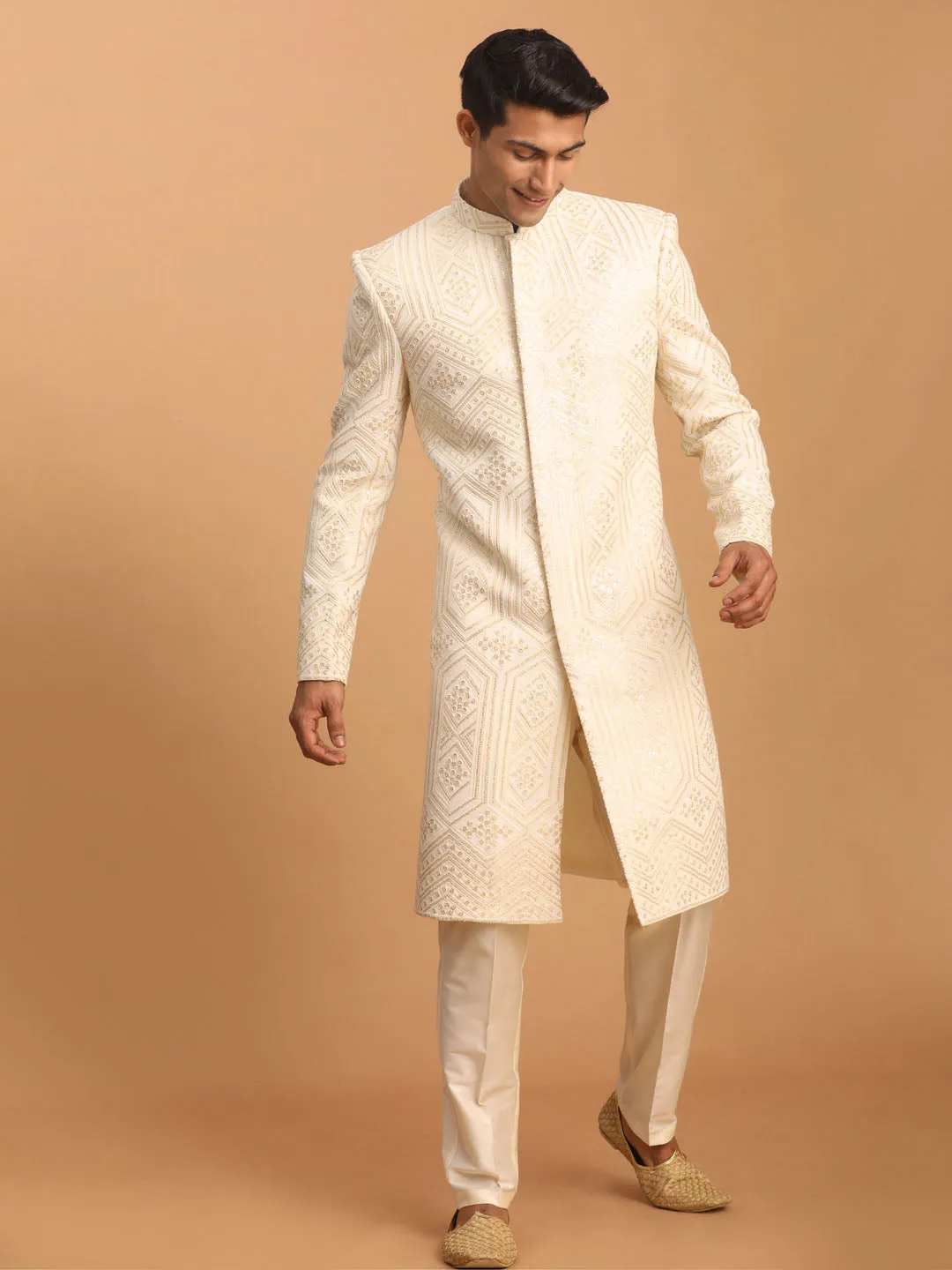 Vastramay Men's Cream Golden Sequins Embroidered Sherwani Only Top