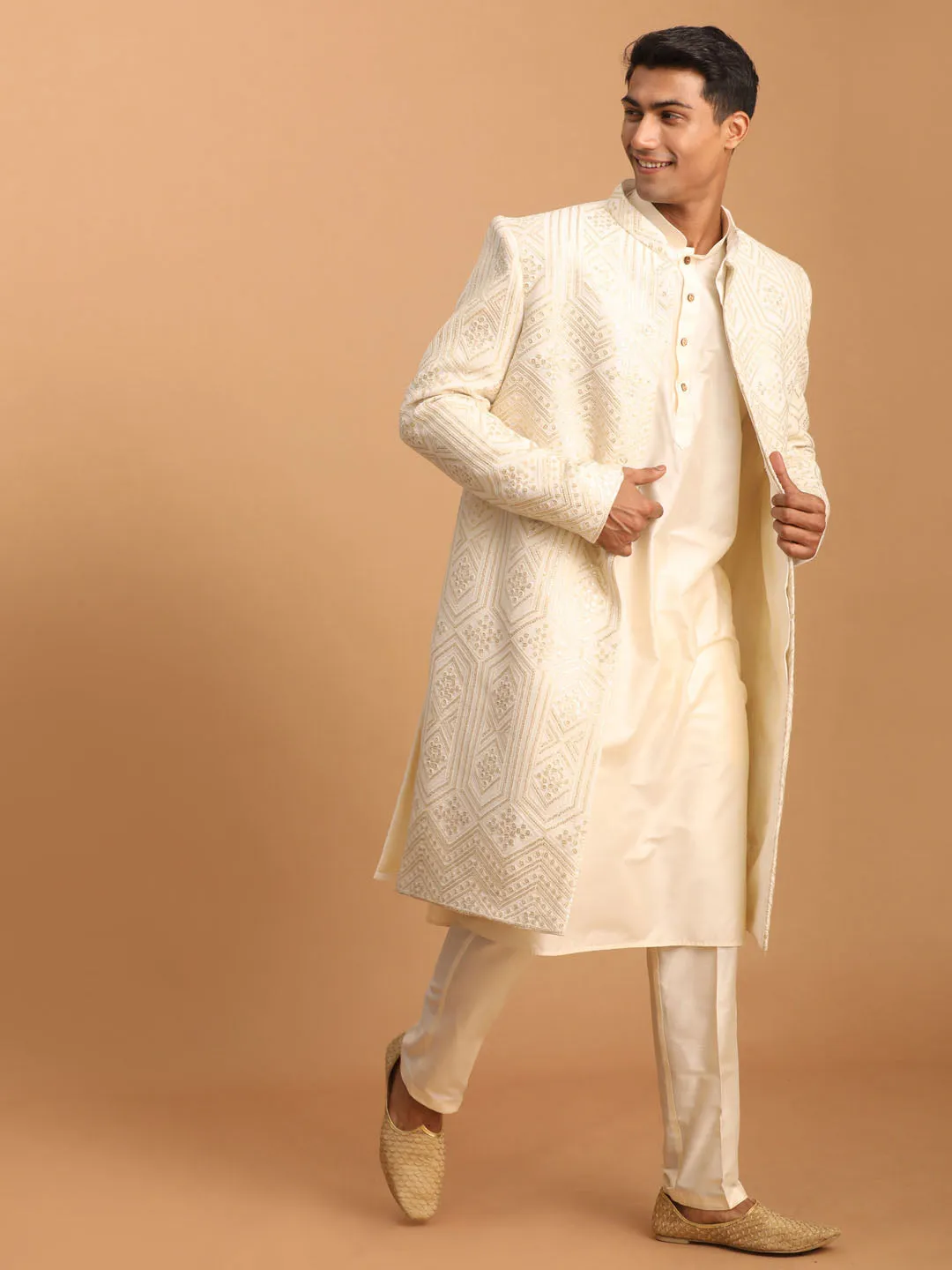 Vastramay Men's Cream Golden Sequins Embroidered Sherwani With Kurta Pant Set