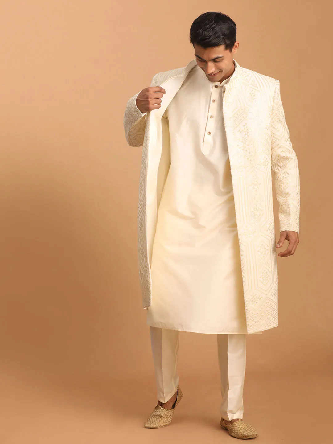 Vastramay Men's Cream Golden Sequins Embroidered Sherwani With Kurta Pant Set