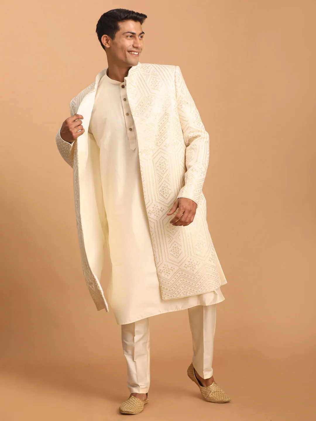 Vastramay Men's Cream Golden Sequins Embroidered Sherwani With Kurta Pant Set