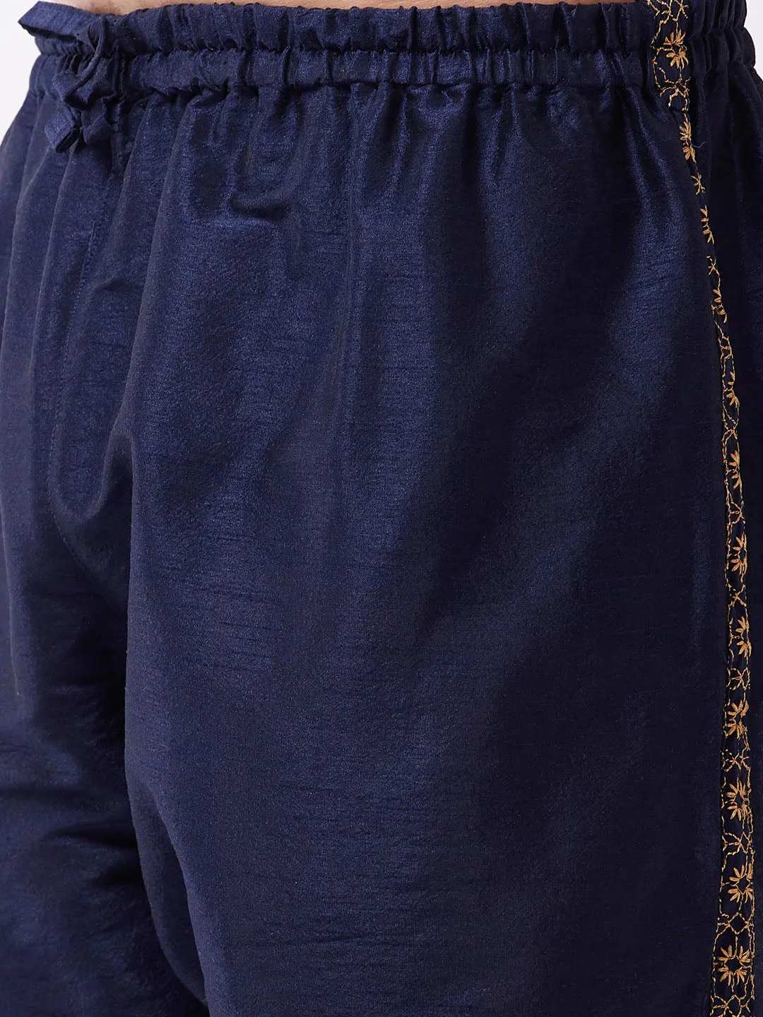 VASTRAMAY Men's Navy Blue Silk Blend Embroidered Pyjama