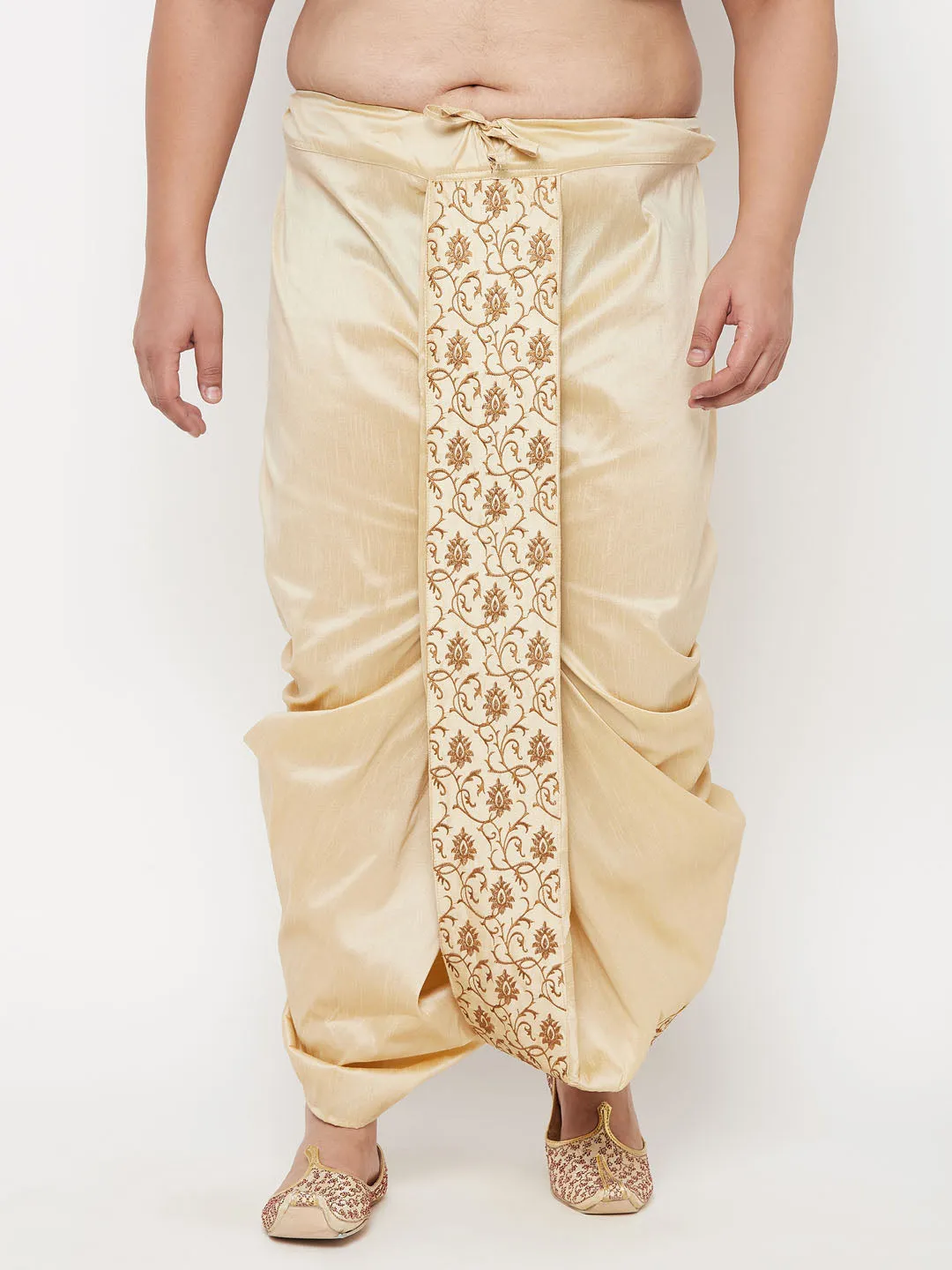 Vastramay Men's Plus Size Gold Cotton Blend Embroidered Traditional Dhoti