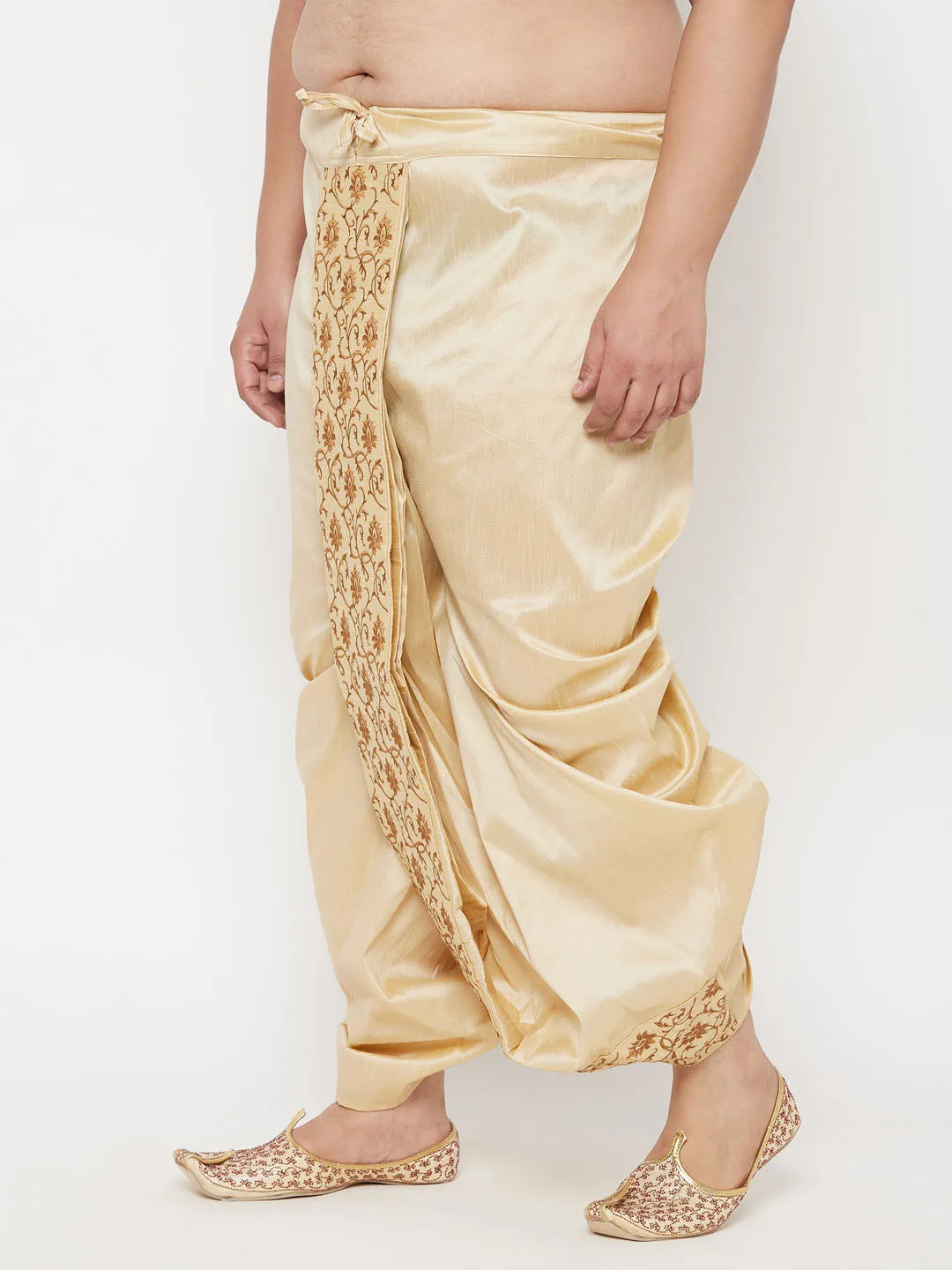 Vastramay Men's Plus Size Gold Cotton Blend Embroidered Traditional Dhoti