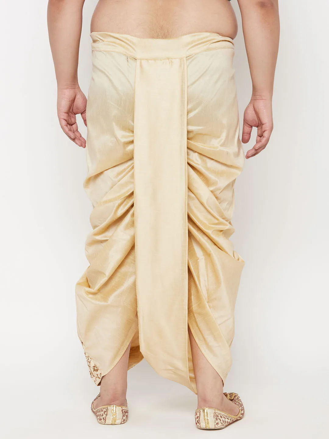 Vastramay Men's Plus Size Gold Cotton Blend Embroidered Traditional Dhoti