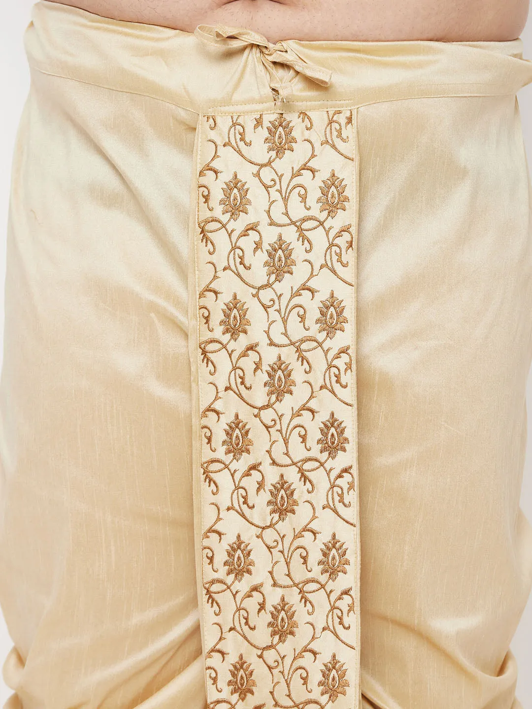 Vastramay Men's Plus Size Gold Cotton Blend Embroidered Traditional Dhoti