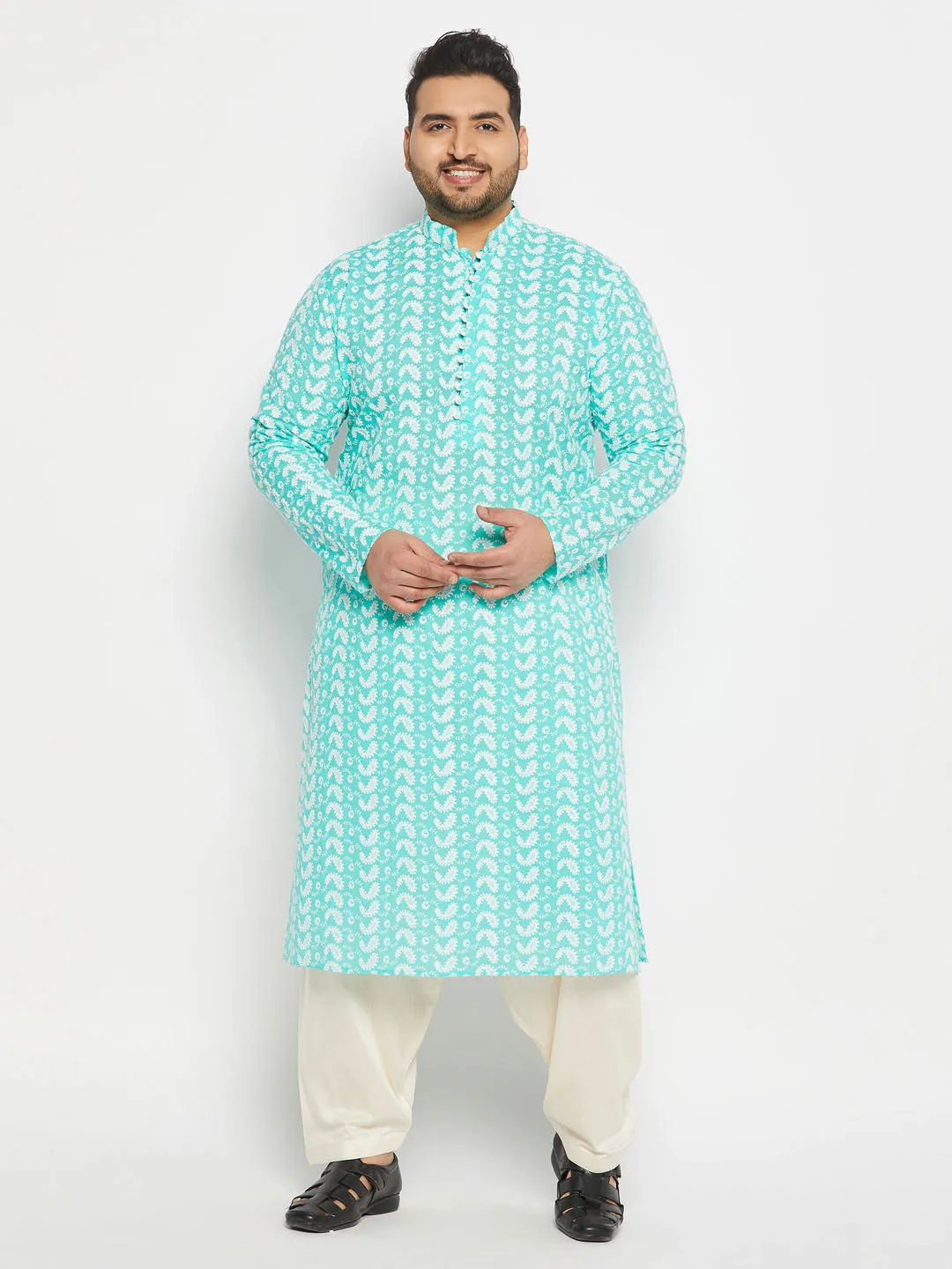 VASTRAMAY Men's Plus Size Green Chikankari Embroidered Kurta And Cream Patiala Set