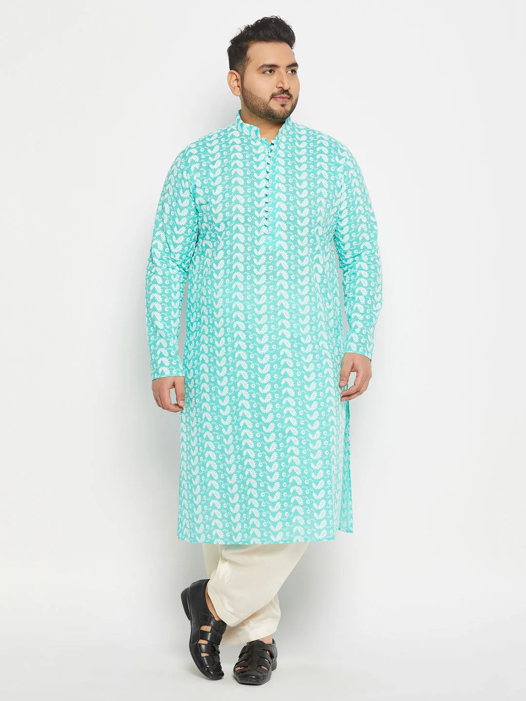 VASTRAMAY Men's Plus Size Green Chikankari Embroidered Kurta And Cream Patiala Set