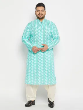 VASTRAMAY Men's Plus Size Green Chikankari Embroidered Kurta And Cream Patiala Set