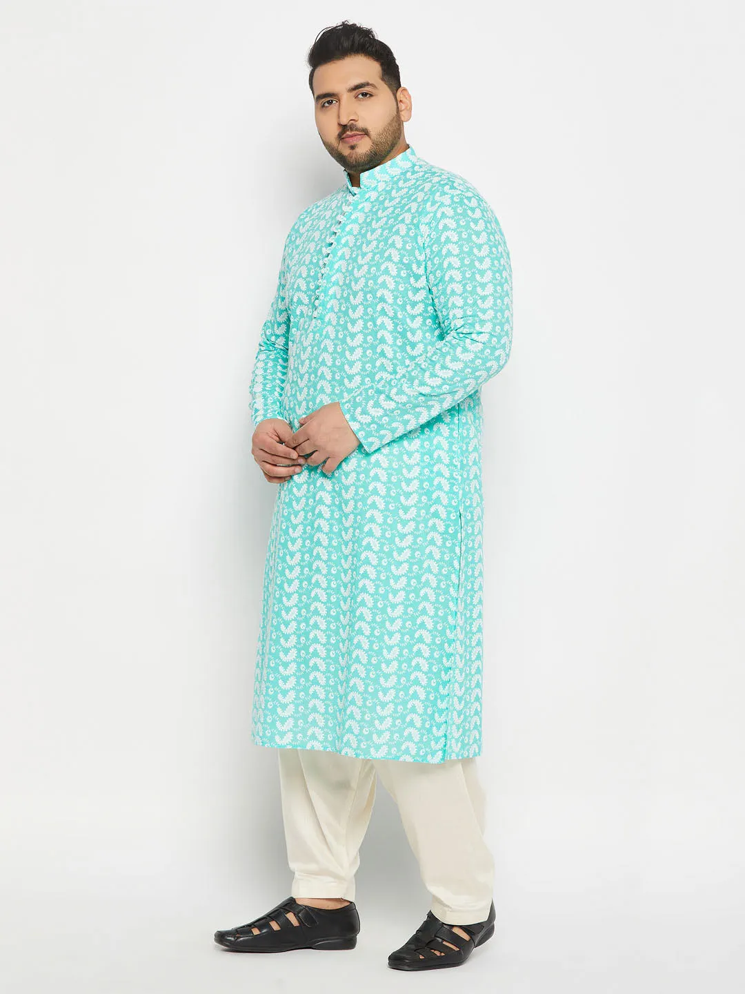 VASTRAMAY Men's Plus Size Green Chikankari Embroidered Kurta And Cream Patiala Set