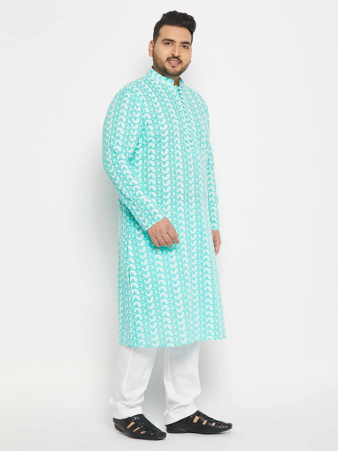 VASTRAMAY Men's Plus Size Green Chikankari Embroidered Kurta And White Cotton Pant Style Pyjama Set