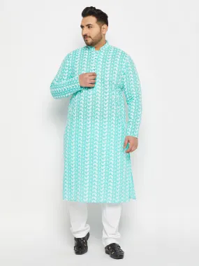 VASTRAMAY Men's Plus Size Green Chikankari Embroidered Kurta And White Cotton Pant Style Pyjama Set