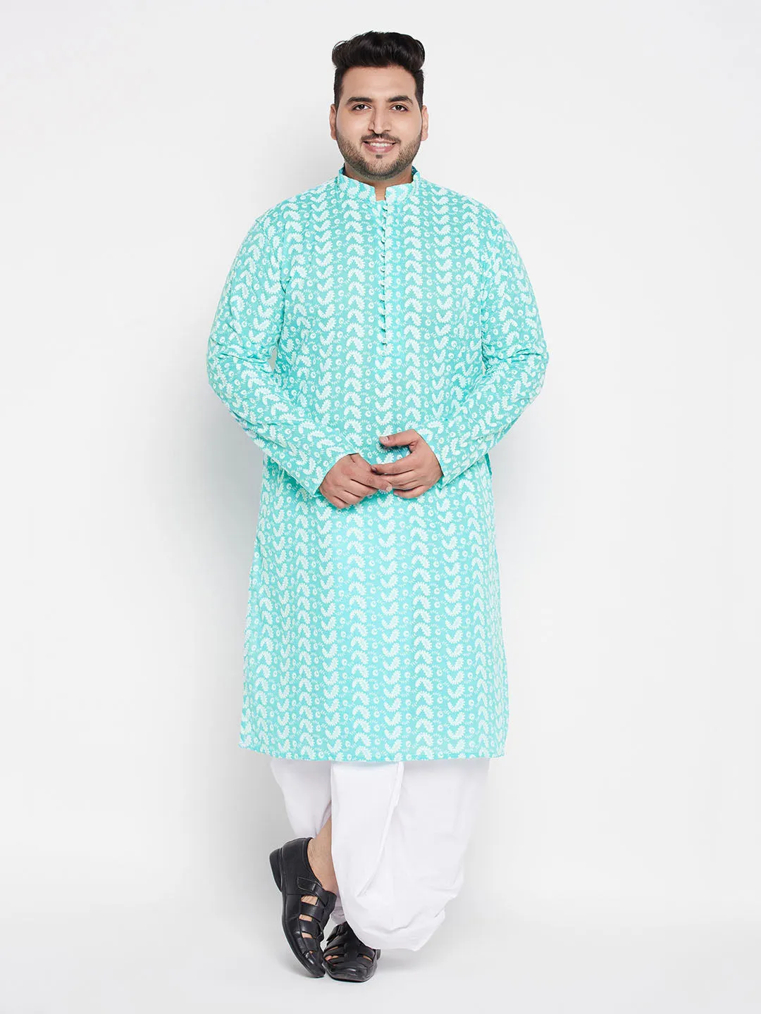 VASTRAMAY Men's Plus Size Green Chikankari Embroidered Kurta And White Dhoti Set