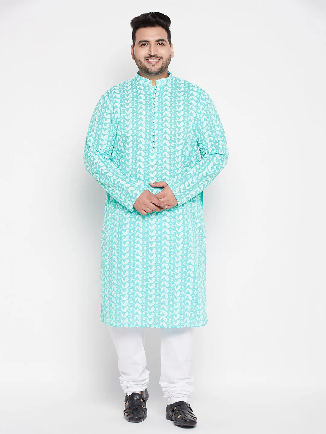 VASTRAMAY Men's Plus Size Green Chikankari Embroidered Kurta