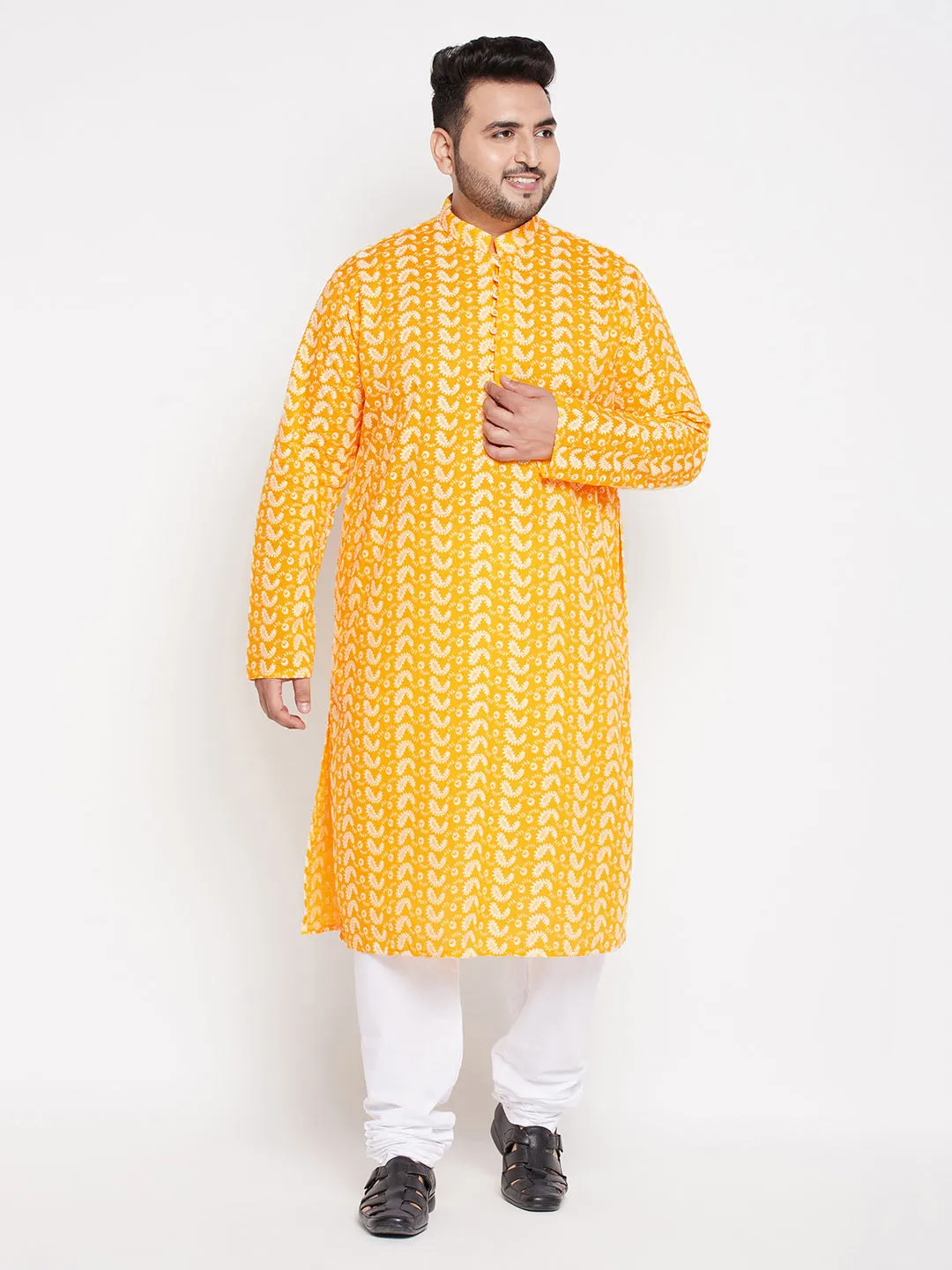 VASTRAMAY Men's Plus Size Orange Chikankari Embroidered Kurta And White Pyjama Set