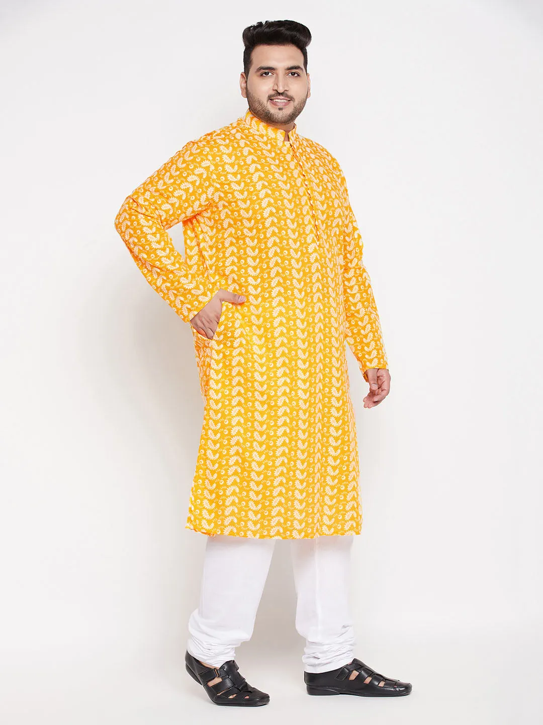 VASTRAMAY Men's Plus Size Orange Chikankari Embroidered Kurta And White Pyjama Set