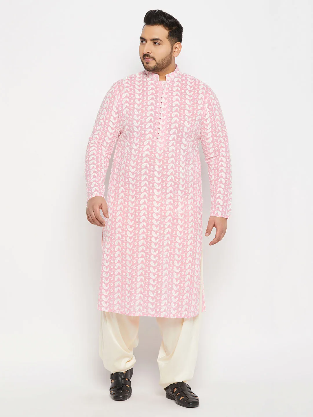 VASTRAMAY Men's Plus Size Pink Chikankari Embroidered Kurta And Cream Patiala Set