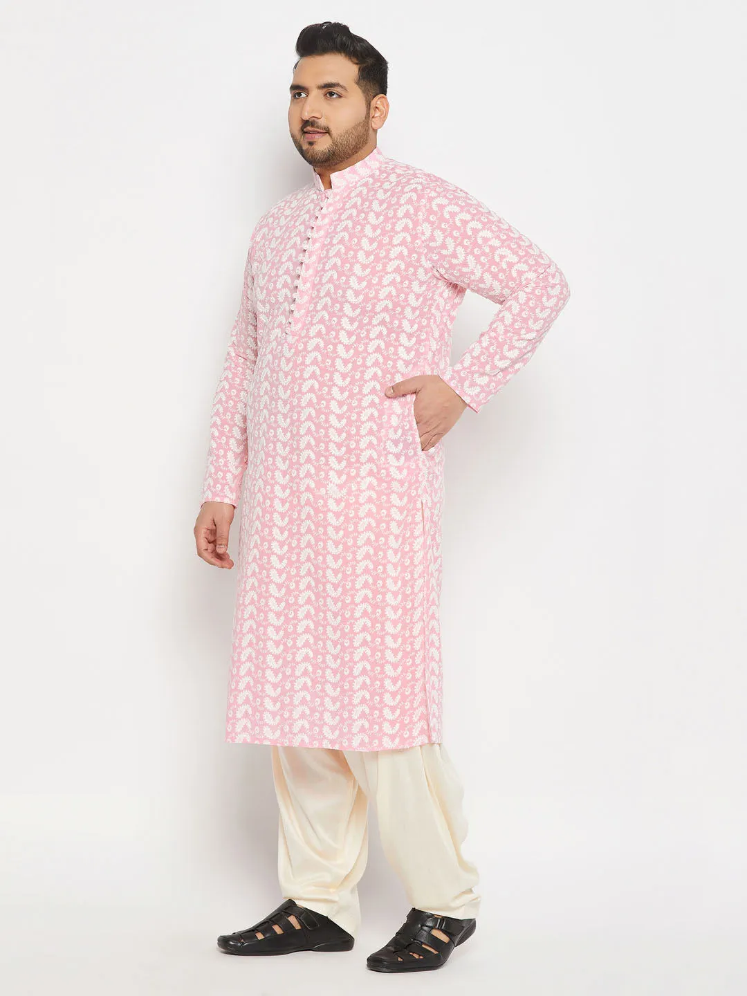 VASTRAMAY Men's Plus Size Pink Chikankari Embroidered Kurta And Cream Patiala Set