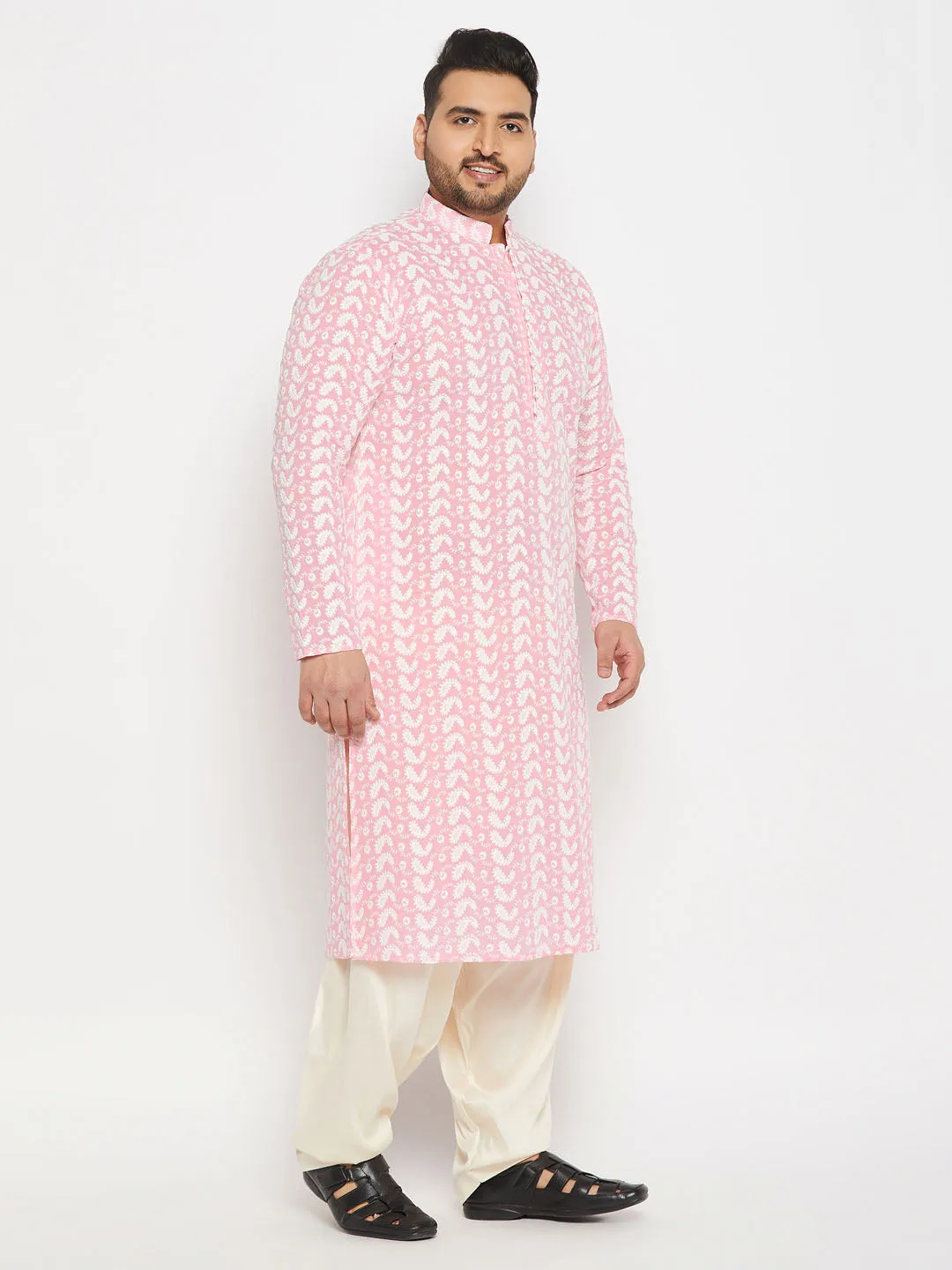 VASTRAMAY Men's Plus Size Pink Chikankari Embroidered Kurta And Cream Patiala Set