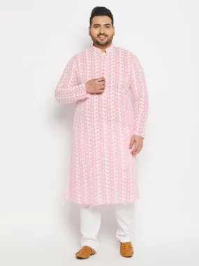 VASTRAMAY Men's Plus Size Pink Chikankari Embroidered Kurta And White Cotton Pant Style Pyjama Set