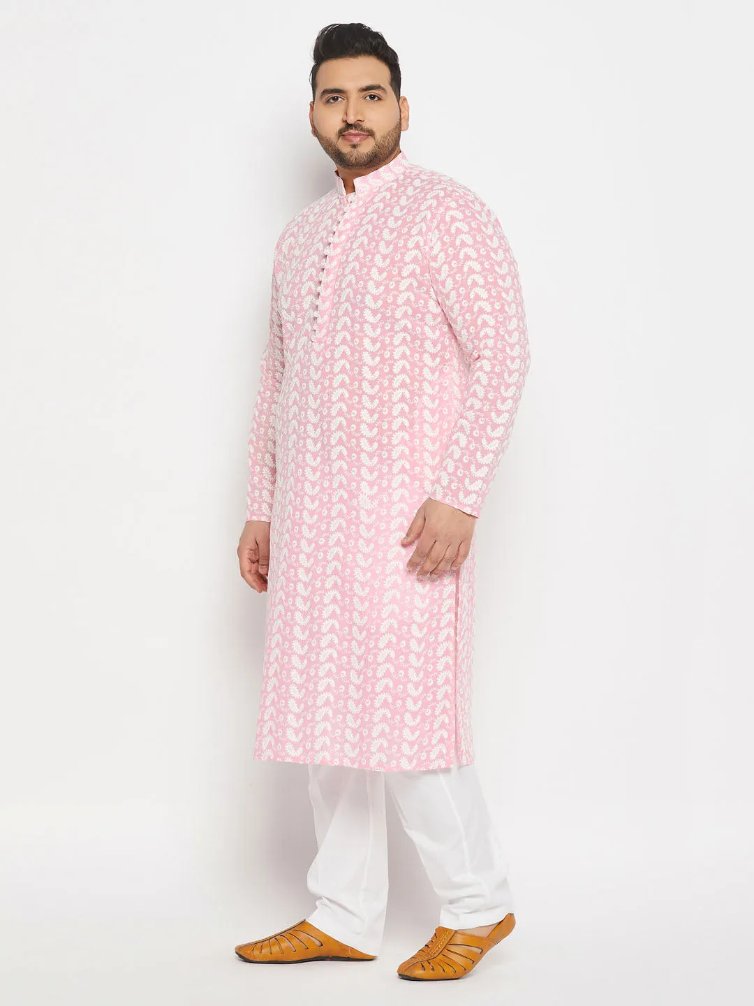 VASTRAMAY Men's Plus Size Pink Chikankari Embroidered Kurta And White Cotton Pant Style Pyjama Set