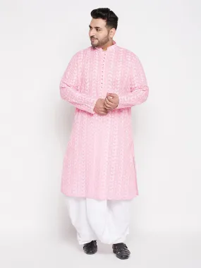 VASTRAMAY Men's Plus Size Pink Chikankari Embroidered Kurta And White Dhoti Set