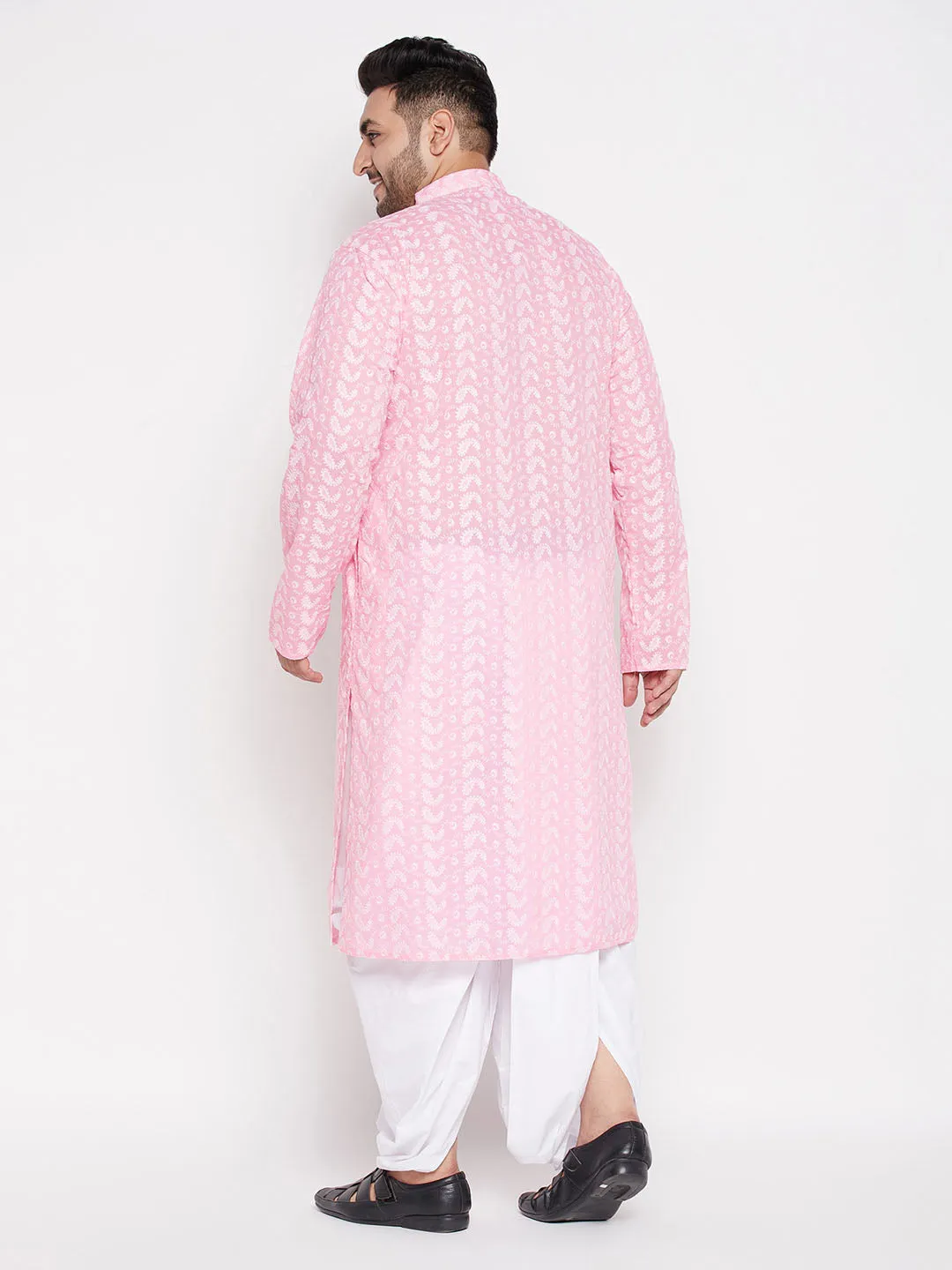 VASTRAMAY Men's Plus Size Pink Chikankari Embroidered Kurta And White Dhoti Set