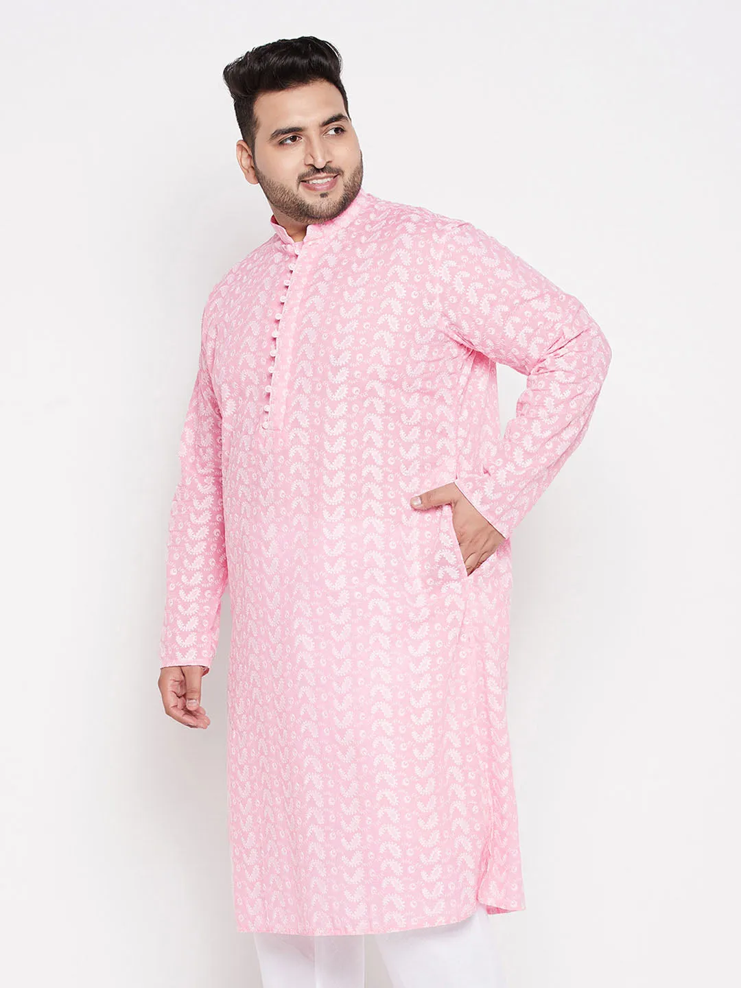 VASTRAMAY Men's Plus Size Pink Chikankari Embroidered Kurta