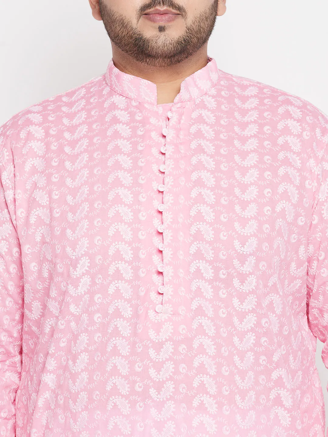 VASTRAMAY Men's Plus Size Pink Chikankari Embroidered Kurta