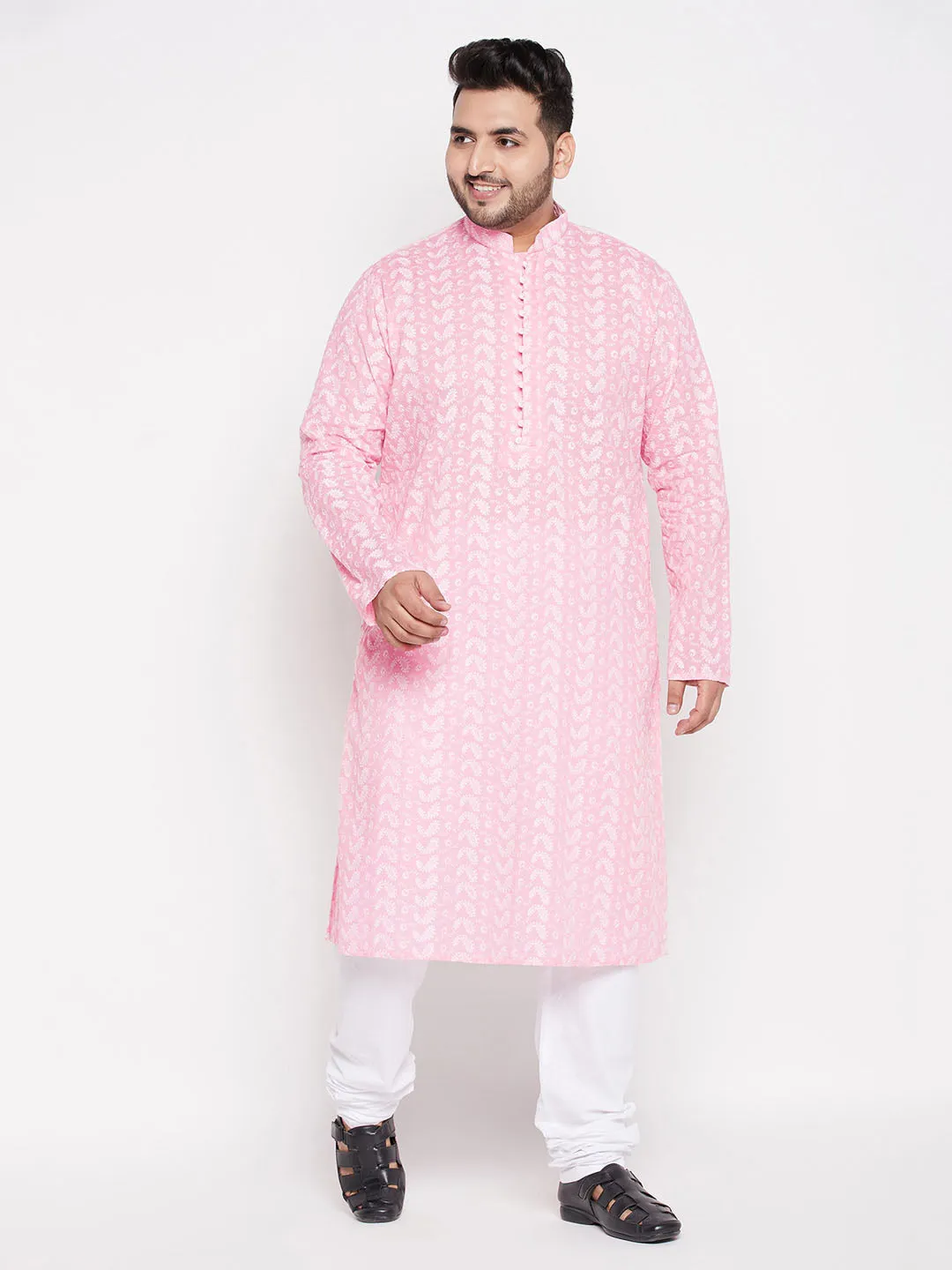 VASTRAMAY Men's Plus Size Pink Chikankari Embroidered Kurta