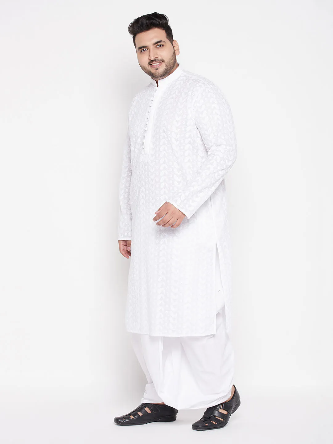 VASTRAMAY Men's Plus Size White Chikankari Embroidered Kurta And Dhoti Set