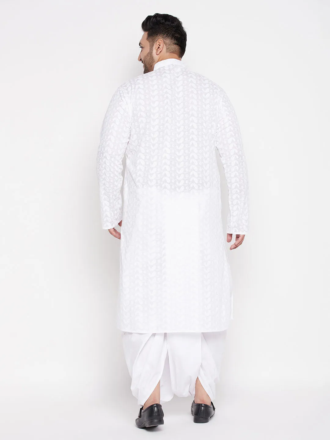 VASTRAMAY Men's Plus Size White Chikankari Embroidered Kurta And Dhoti Set