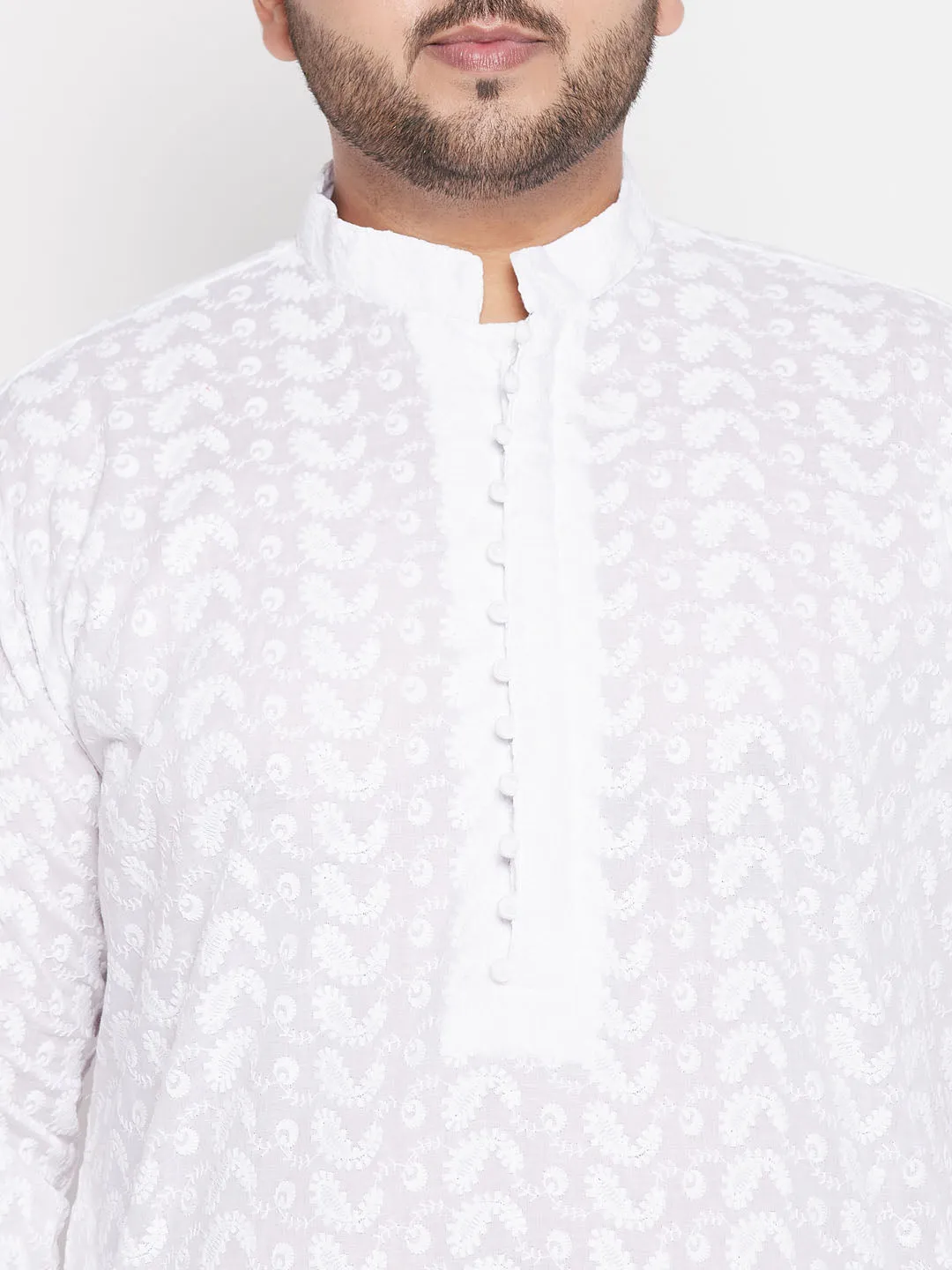 VASTRAMAY Men's Plus Size White Chikankari Embroidered Kurta And Dhoti Set