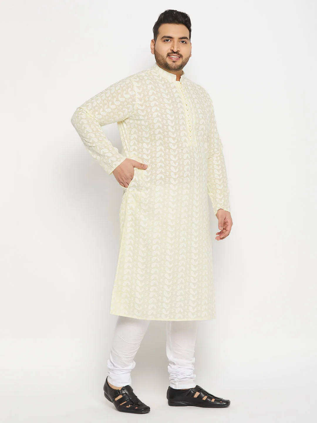 VASTRAMAY Men's Plus Size Yellow Chikankari Embroidered Kurta And White Pyjama Set