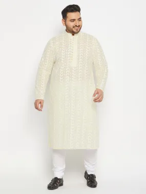 VASTRAMAY Men's Plus Size Yellow Chikankari Embroidered Kurta And White Pyjama Set