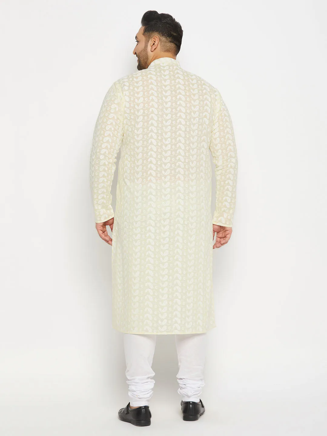 VASTRAMAY Men's Plus Size Yellow Chikankari Embroidered Kurta And White Pyjama Set