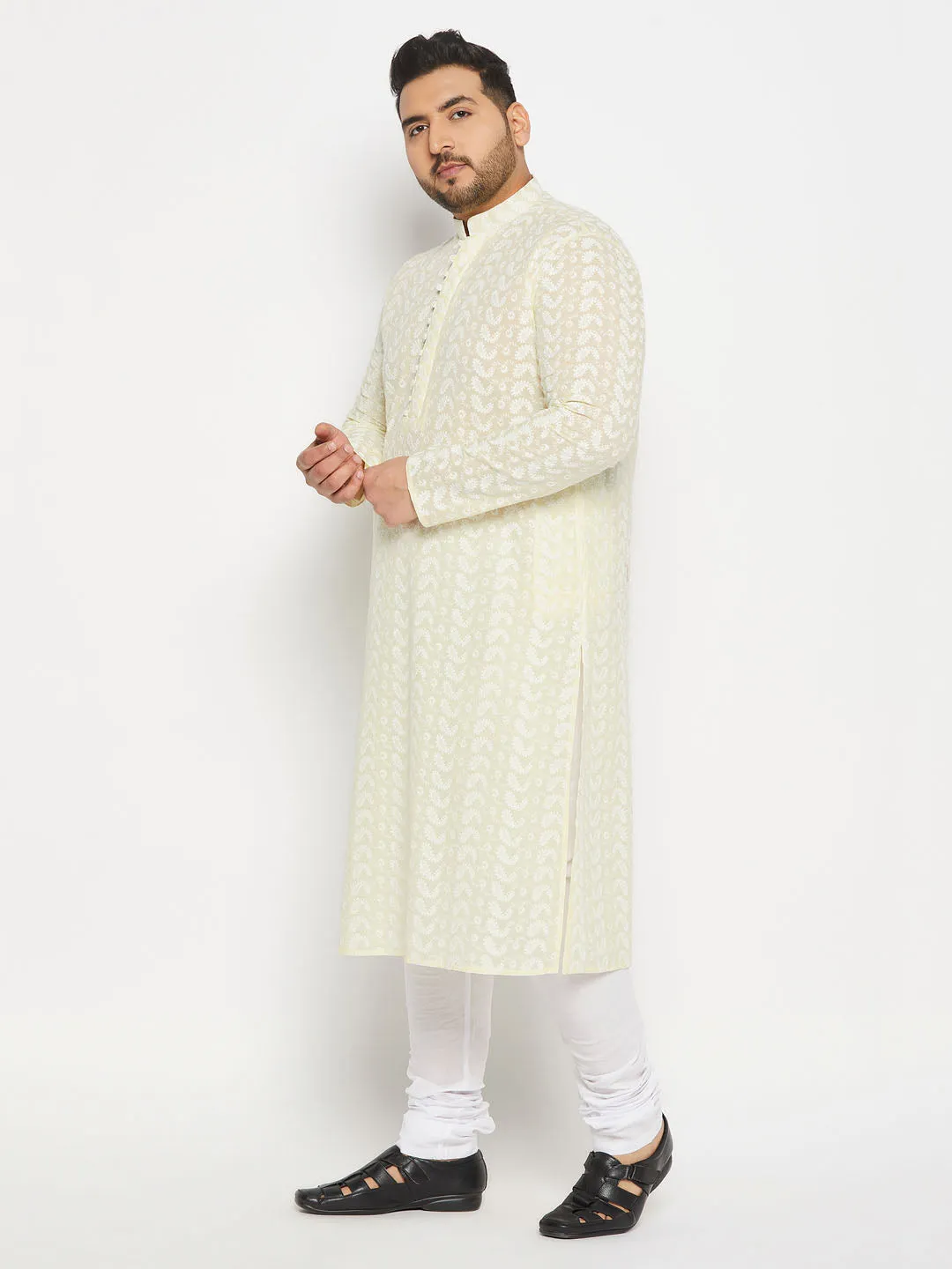 VASTRAMAY Men's Plus Size Yellow Chikankari Embroidered Kurta And White Pyjama Set